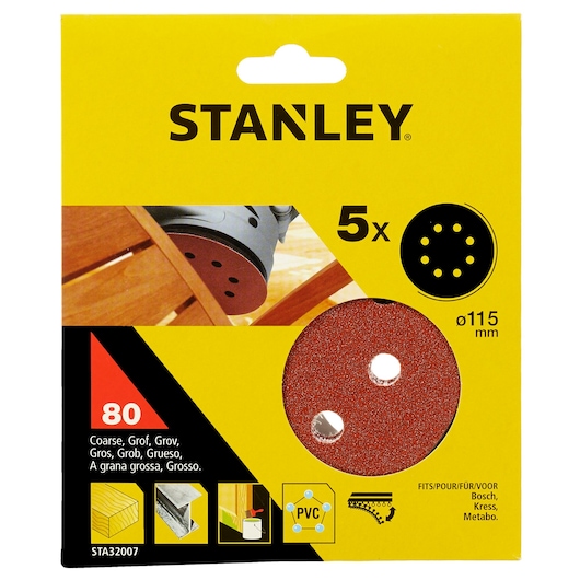 STANLEY STA32007 sanding discs pack, 80 grit, coarse, 115mm, set of 5, front view on yellow packaging.