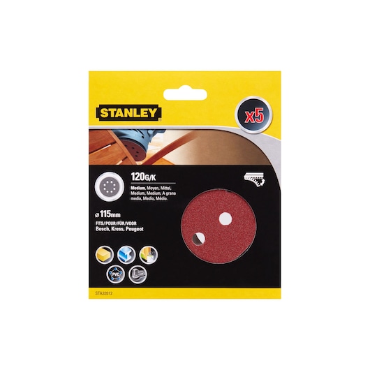 Photo of STANLEY STA32012 sanding discs 120 grit, 115mm, 5 pack, red, front packaging on white background.
