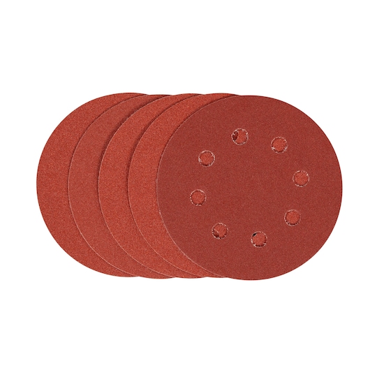 STANLEY STA32017 sanding discs pack, red abrasive with round holes, product photo on white background.