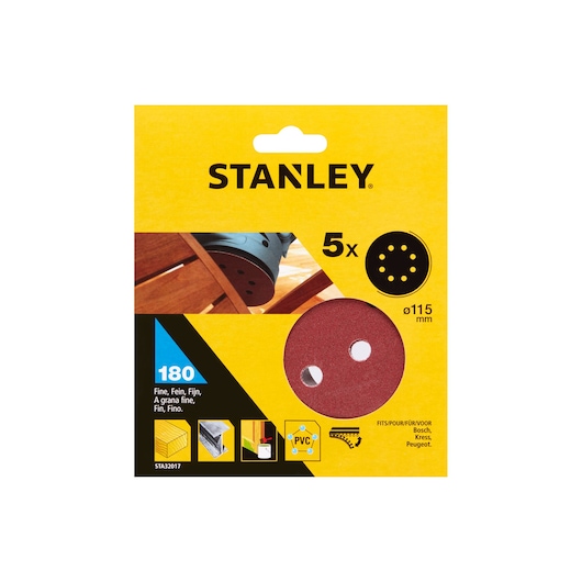 Photo of STANLEY STA32017 sanding discs, pack of 5, 115mm diameter, fine grit, front packaging view.