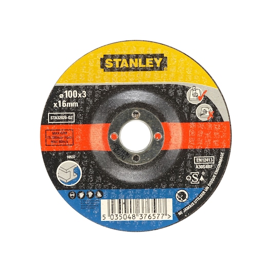STANLEY STA32020 abrasive cutting disc, 100x3x16mm, round, colorful label, front view on white background.