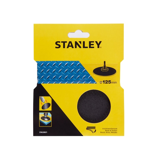 STANLEY STA32021 sanding pad packaging, yellow with black details, front view, for 125mm grinders.