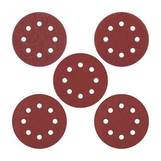 STANLEY STA32022-XJ circular sanding discs, brown, set of 5, front view on white background.