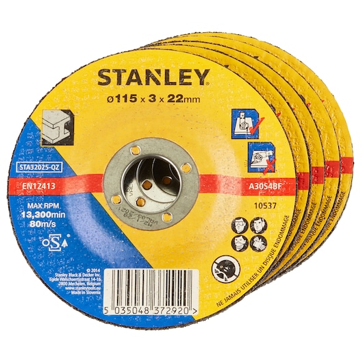 STANLEY STA32025 abrasive cutting discs, pack of five, yellow and blue, front angle, photography product.