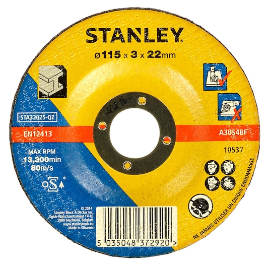 Photo of STANLEY STA32025 grinding disc, yellow and blue, 115 x 3 x 22 mm size, with product markings and barcode.