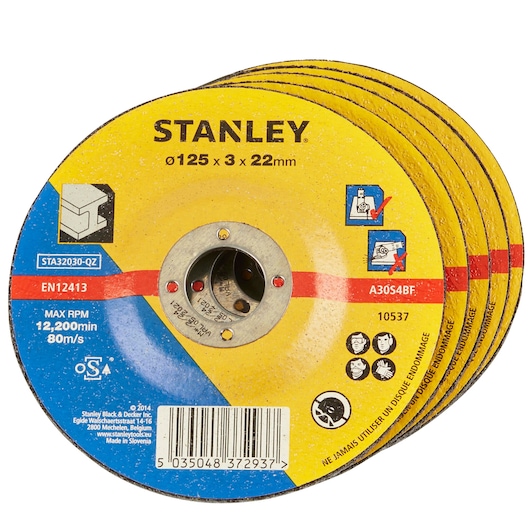 Photo of STANLEY STA32030 grinding discs, yellow and blue, pack of five, front view, product details visible.