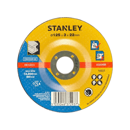 Photo of STANLEY STA32030 cutting disc, round with yellow and blue label, showing product details and safety icons, front view.