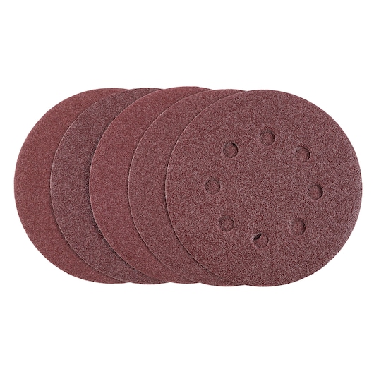 STANLEY STA32032 sanding discs, set of five, brown abrasive, front angle, with dust holes visible.
