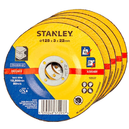 STANLEY STA32033 abrasive cutting discs set, yellow and blue, side angle, photography product.