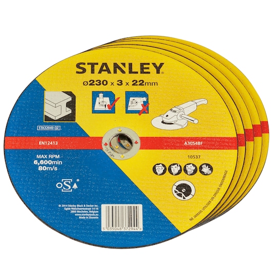 Photo of STANLEY STA32040 abrasive cutting discs, 230 x 3 x 22 mm, stacked, angled view, product labels visible.