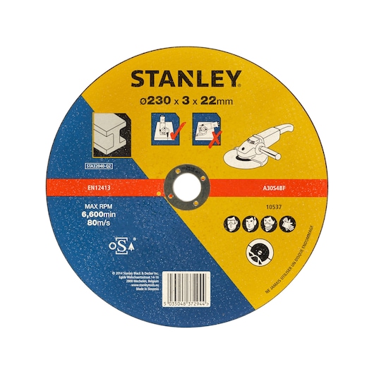 STANLEY STA32040 cutting disc, 230 x 3 x 22mm, color-coded yellow and blue, photo of front view on white background.