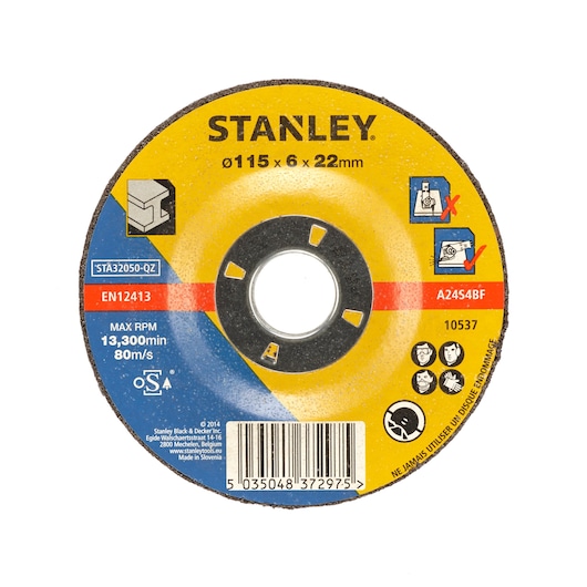 STANLEY STA32050 grinding disc, 115x6x22mm, yellow and blue, front view, safety and usage icons visible.