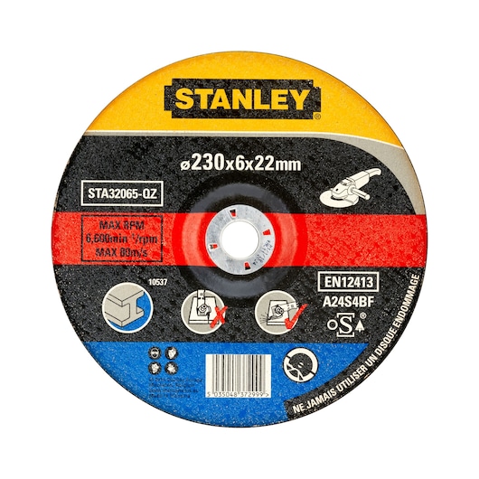 STANLEY STA32065 grinding disc, 230x6x22mm, front angle, tricolor design with product markings.