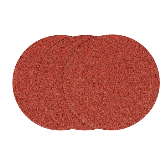 STANLEY STA32067 circular red abrasive sanding discs, set of three, top view on white background.
