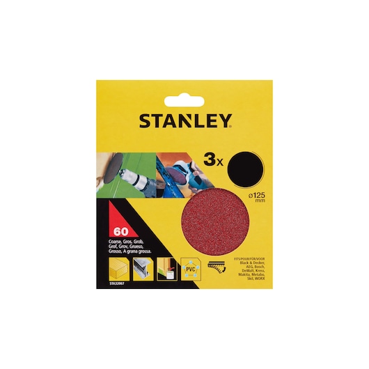 STANLEY STA32067 sanding disc pack, 60 grit, 3-piece, red, coarse, front angle on white background.