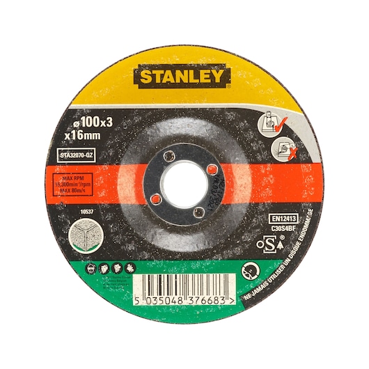 Photo of STANLEY STA32070 grinding disc, 100x3x16mm, round shape, black with yellow, red, and green details, front view.
