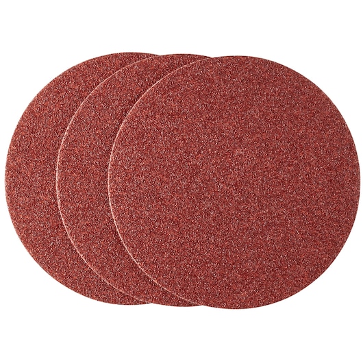 Photo of STANLEY STA32072 round red abrasive sanding discs, set of three, shown from above on white background.