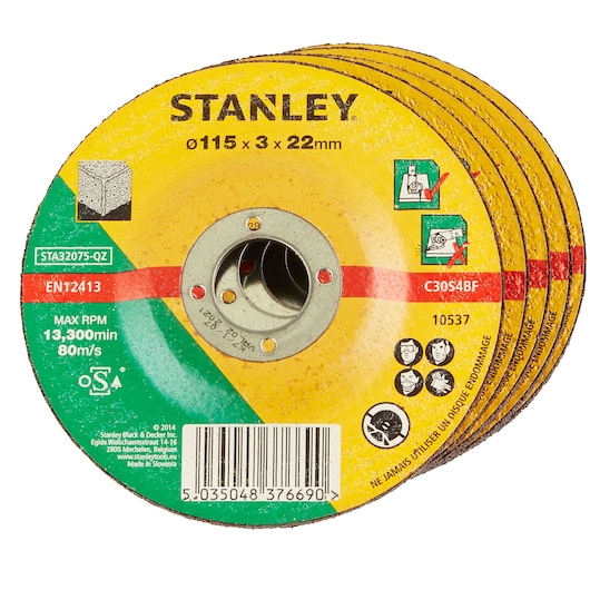 STANLEY STA32075 set of 5 abrasive cutting discs, 115 x 3 x 22 mm, shown from the front on white background.