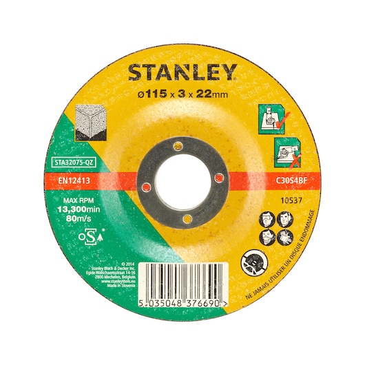 STANLEY STA32075 abrasive grinding disc, yellow and green, front angle, 115x3x22mm size.