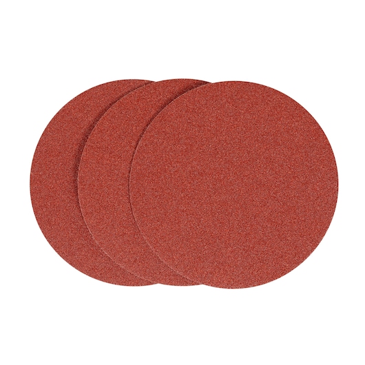 STANLEY STA32077 red round sanding discs, set of three, front view on white background.
