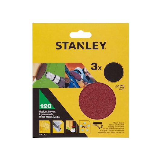 STANLEY STA32077 medium 120 grit sanding discs, 125mm diameter, pack of 3, front angle on white background.