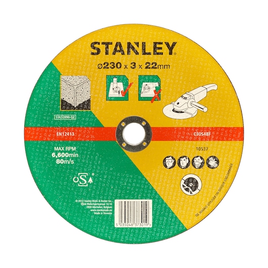 STANLEY STA32090 abrasive cut-off wheel, photography, front angle, yellow and green disc with safety icons.