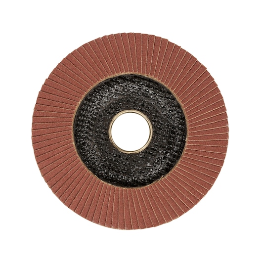 STANLEY STA32102 flap disc, brown abrasive surface, photography, front angle, white background.