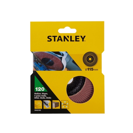 Photo of STANLEY STA32102 abrasive flap disc, 115mm, medium grit, in yellow packaging, front angle.