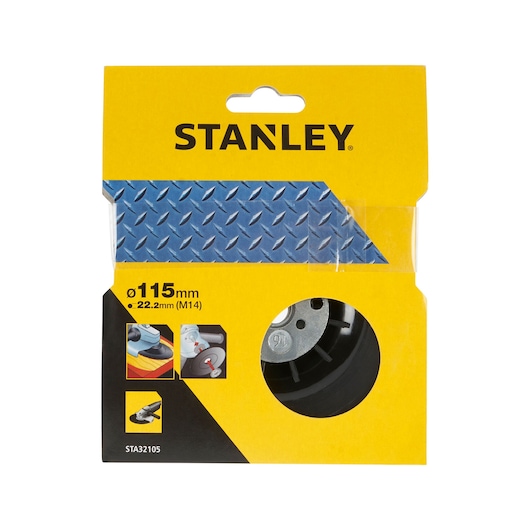 STANLEY STA32105 grinding wheel 115mm in yellow and black packaging, front angle.