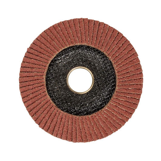 STANLEY STA32107 flap disc with red abrasive flaps, front angle, photography on white background.