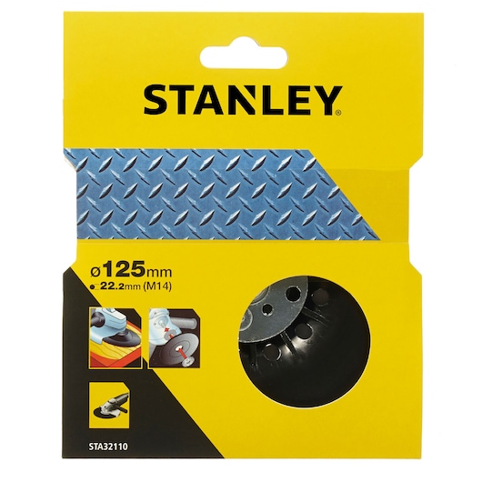 Stanley STA32110 grinding wheel, 125mm, yellow and black front packaging, photography, front angle.