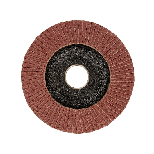 STANLEY STA32112 flap disc with red abrasive flaps, round black center, photographed from above on white background.