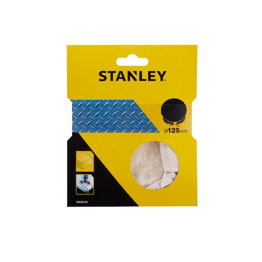 STANLEY STA32115 polishing bonnet in yellow retail packaging, visible through round window, photographed front view.