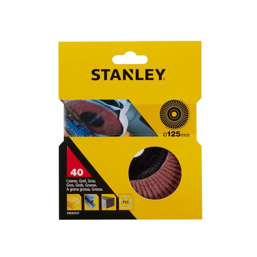 Photo of STANLEY STA32121 coarse flap disc, 125mm diameter, in yellow packaging, front angle.