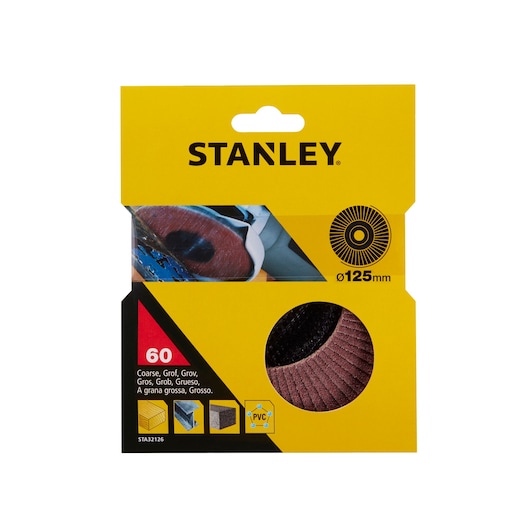 STANLEY STA32126 abrasive disc pack, coarse grade 60, yellow packaging, front view, 125mm diameter.