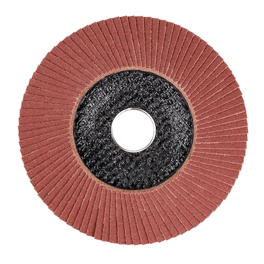 STANLEY STA32131 flap disc with reddish abrasive fins and black center, product category photography, top view.