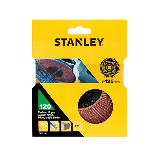 STANLEY STA32131 medium grit flap disc packaging, 125mm, product front angle, yellow and black design.