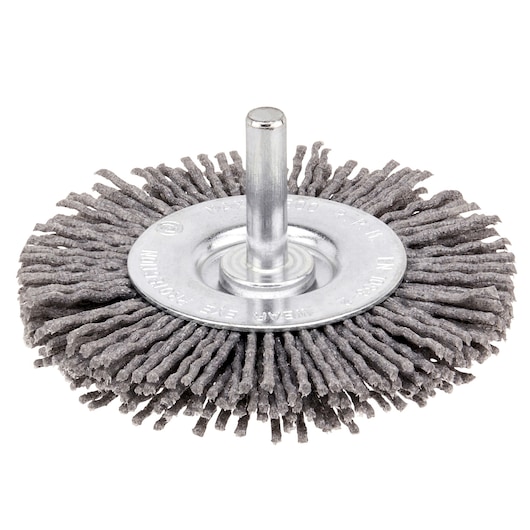 Photo of STANLEY STA32147 abrasive wire wheel brush for drills, grey bristles, front angle on white background.
