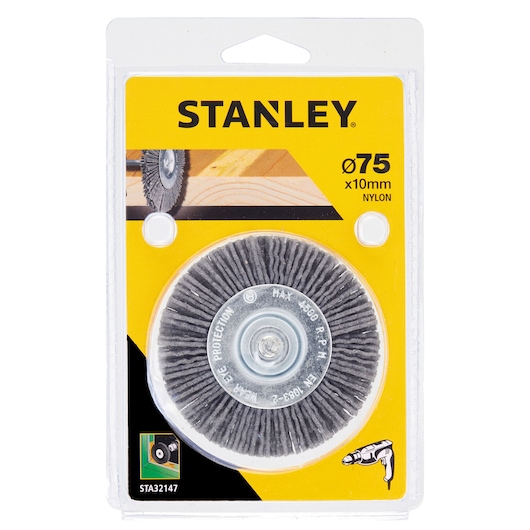 STANLEY STA32147 nylon brush wheel, 75x10mm, front packaging photo.