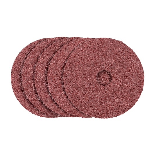 Photo of STANLEY STA32150 red abrasive discs, pack of four, flat lay, product photography.