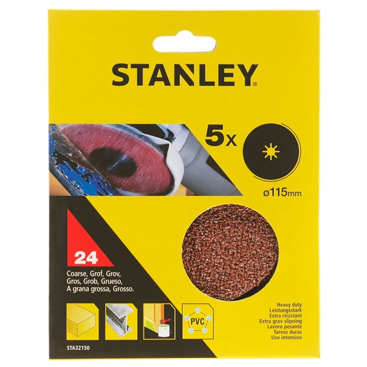 Photo of STANLEY STA32150 coarse sanding discs pack, 115mm, set of 5, yellow packaging, front angle.