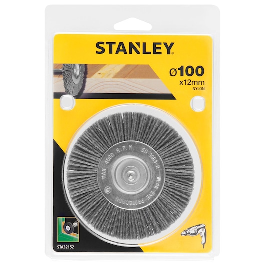 STANLEY STA32152 nylon wire wheel, 100mm x 12mm, packaged, front angle, tool accessory.