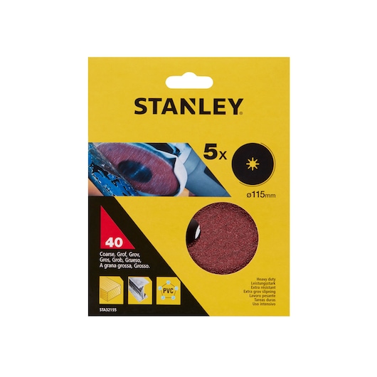 STANLEY STA32155 coarse sanding discs pack, 40 grit, 115mm, photo of front packaging on white background.
