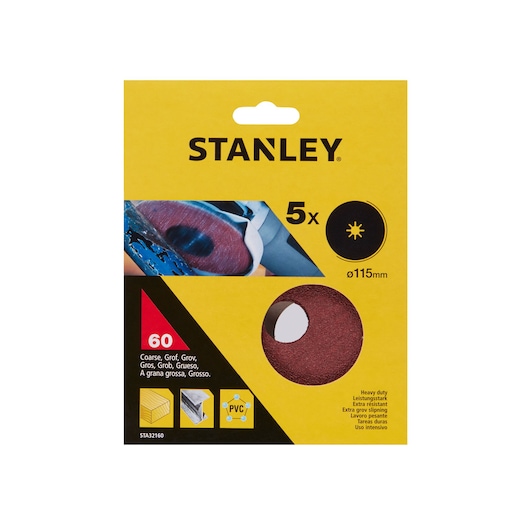 STANLEY STA32160 coarse sanding discs, 115mm, pack of 5, product packaging, front angle.
