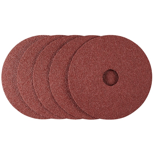 Photo of STANLEY STA32165 abrasive discs, red, round with center hole, shown stacked on white background.