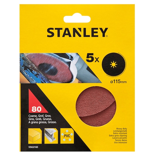 Photo of STANLEY STA32165 coarse 80 grit sanding discs, 115mm, pack of 5, front packaging view.