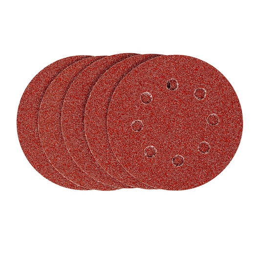 STANLEY STA32167 sanding discs set, red, circular with holes, product photo on white background.