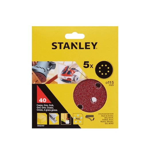 STANLEY STA32167 coarse sanding discs pack, red, 115mm diameter, front angle on white background.