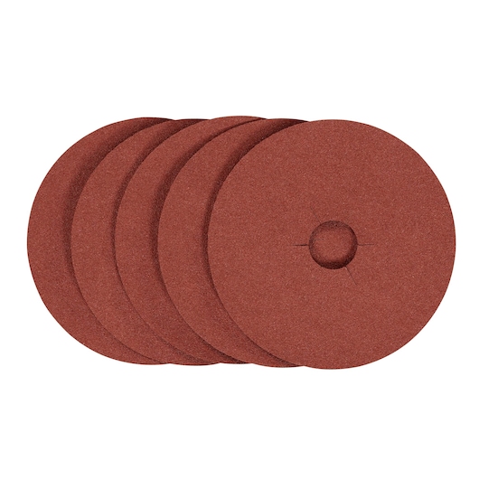STANLEY STA32170 pack of four brown circular sanding discs, top view, photography on white background.