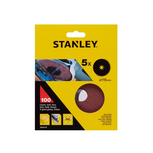 STANLEY STA32170 coarse sanding discs pack, yellow box, 115mm diameter, product photography, front angle.